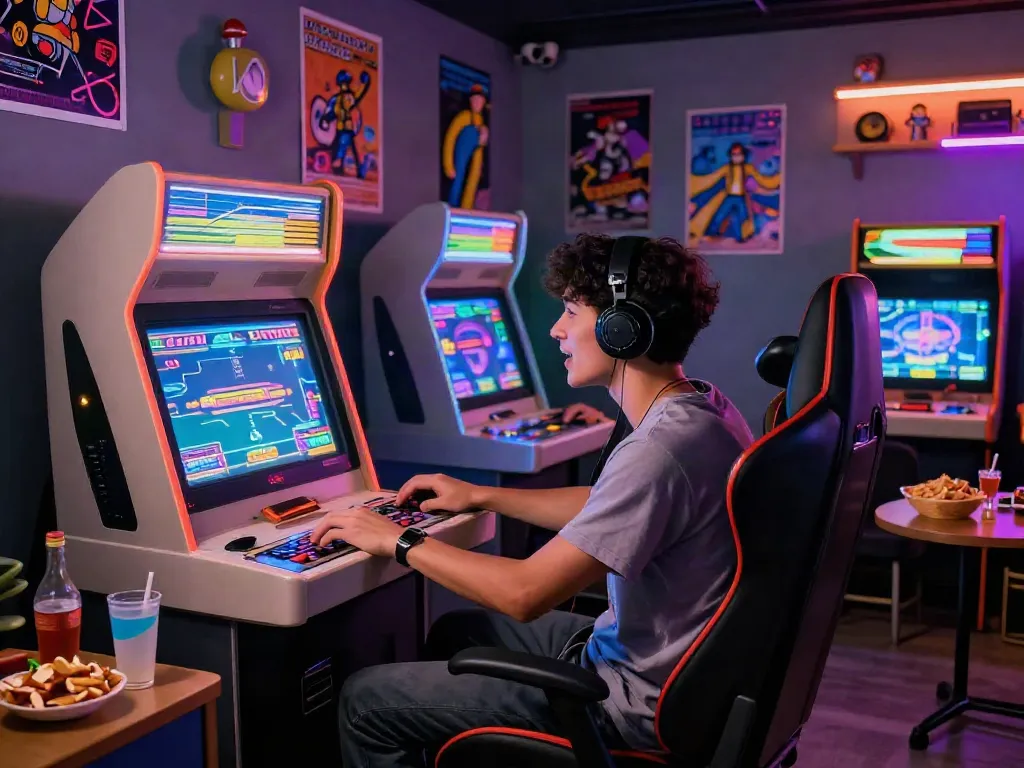 A nostalgic gamer enjoying PECAH404 on a retro arcade machine, surrounded by vintage gaming memorabilia and vibrant LED lights.