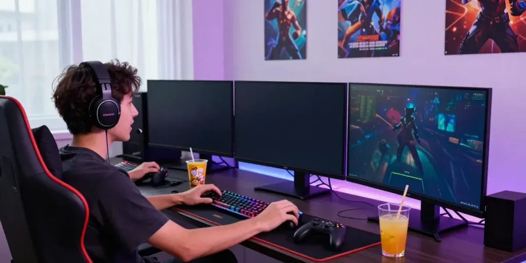 Engaged gamer at the cổng game hitclub setup, vibrant game graphics on multiple screens.
