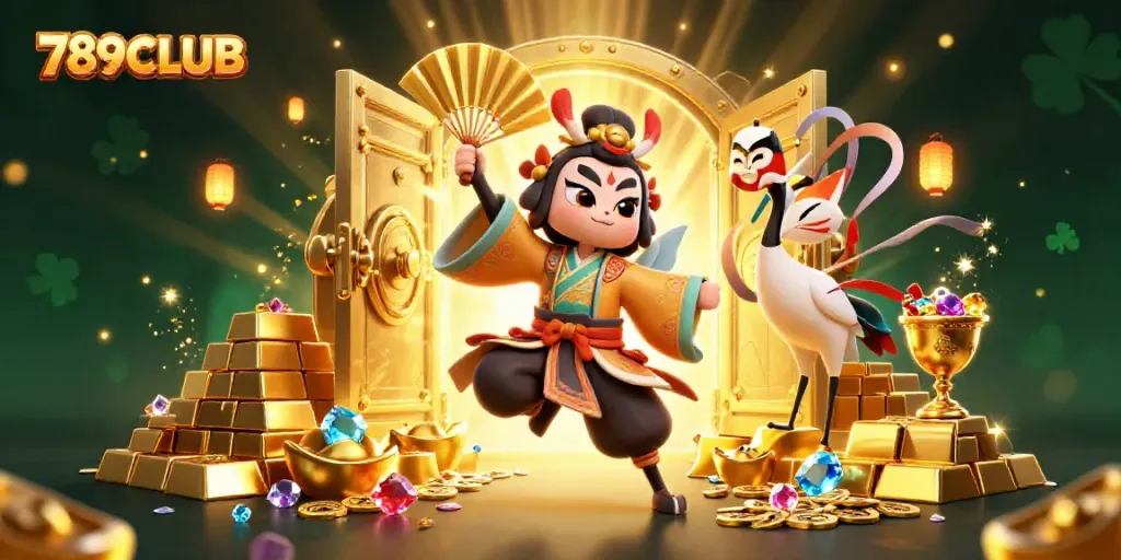 Unleash excitement with 789CLUB in this vibrant 3D casino illustration featuring characters and treasures.