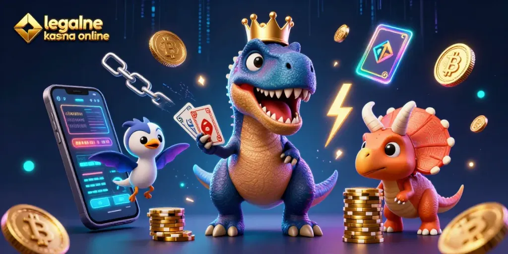 Engage with legalne kasyna online by witnessing a T-Rex shuffling cards amidst crypto symbols in vibrant animation.