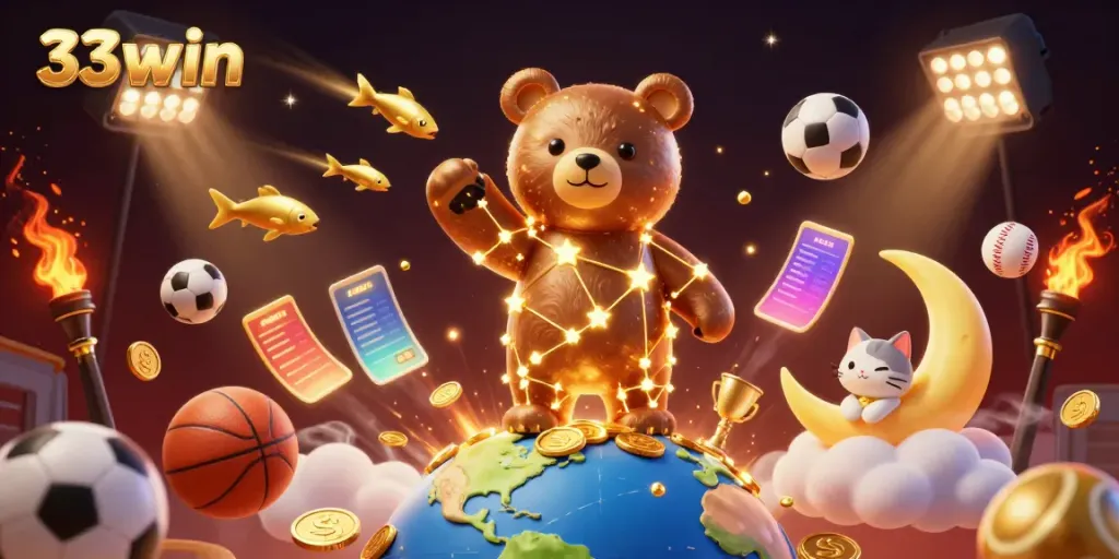 Engage in thrilling sports betting adventures with 33win in this vibrant 3D illustration.