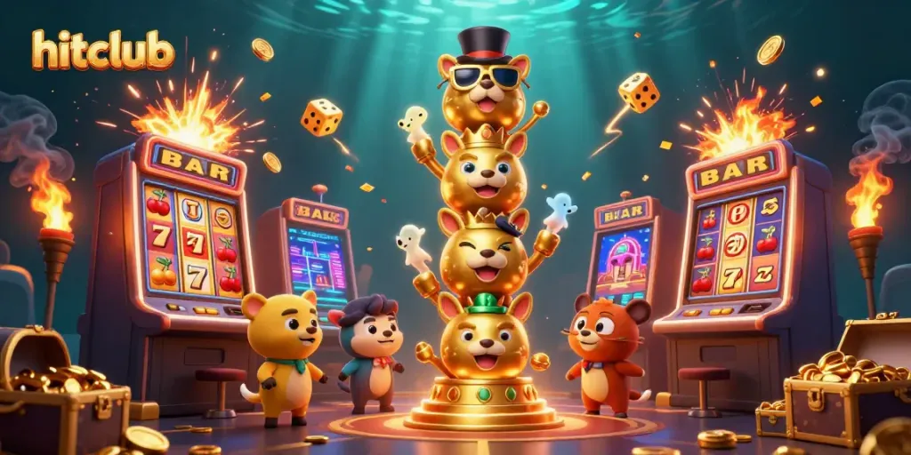 Experience winning thrills at hitclub with a vibrant 3D casino scene featuring golden totem and slot machines.