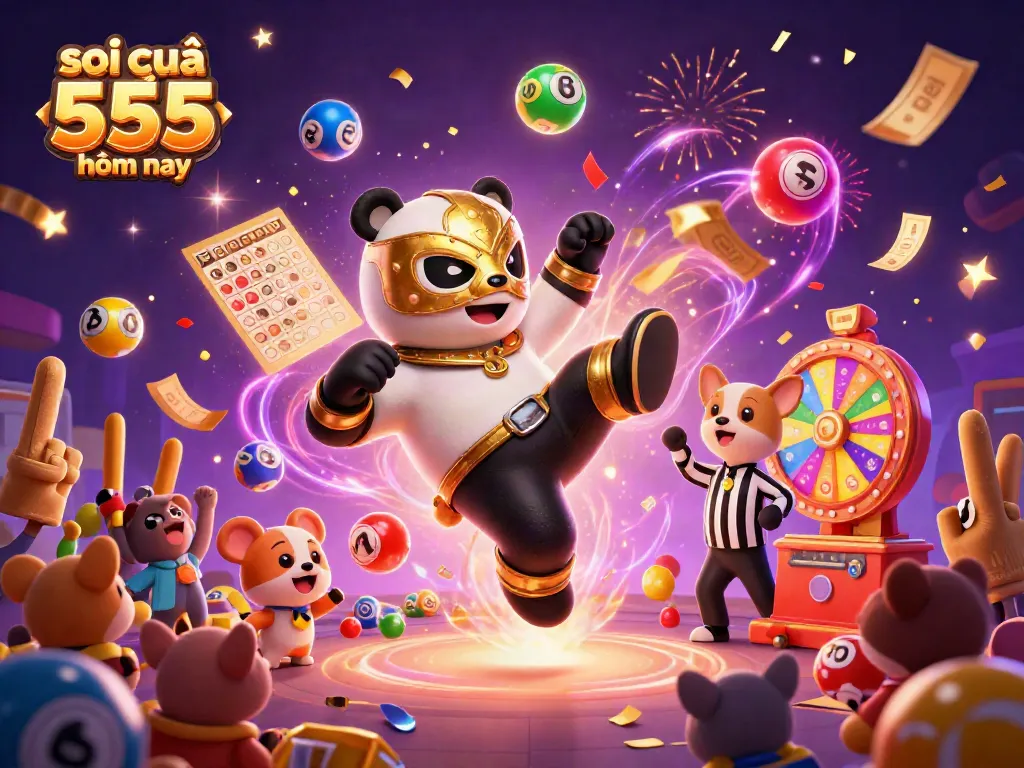 Soi cầu 555 hôm nay celebrates with vibrant lottery elements in a lively 3D illustration of a panda wrestler.