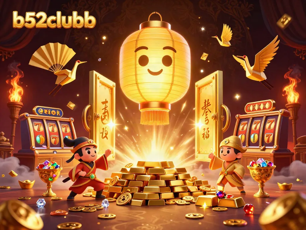 Engage with b52clubb's vibrant casino scene featuring golden lantern spirits, jewels, and dynamic gaming action.