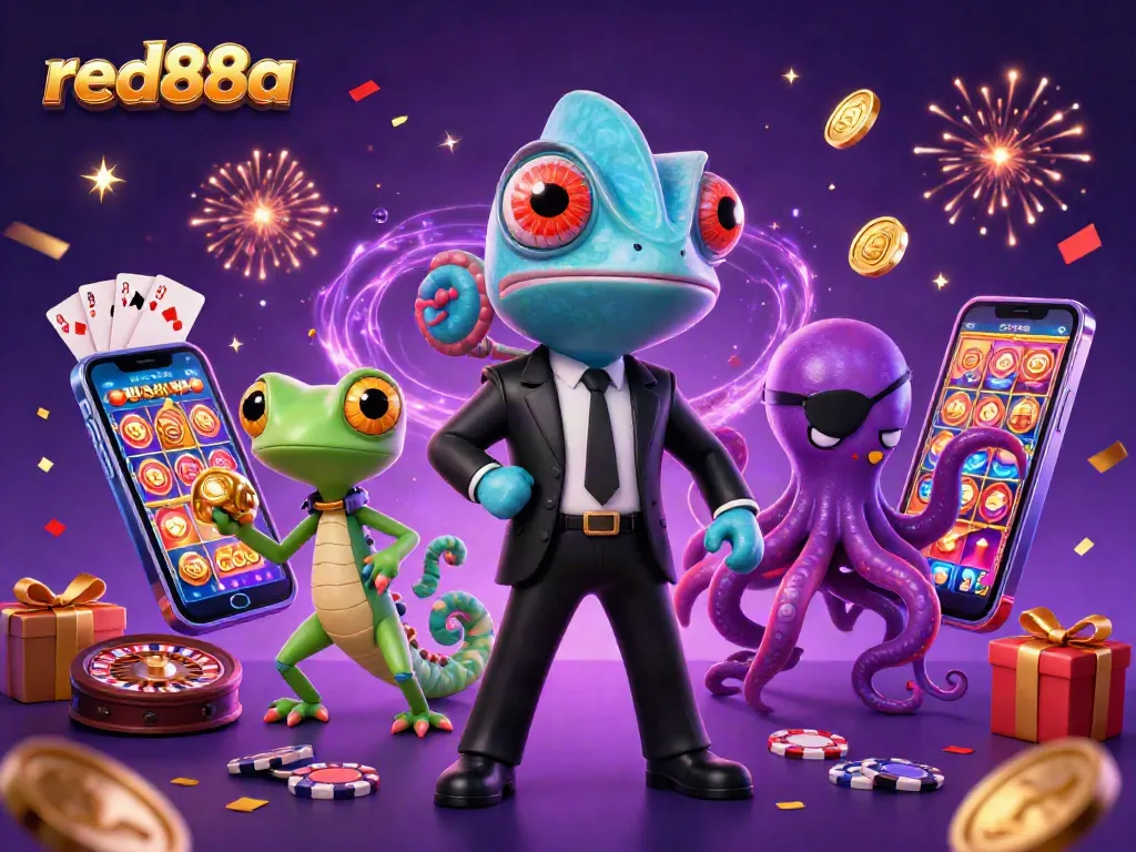 Engage with red88a's lively scene featuring a chameleon, gecko, and octopus amidst slot games and festive effects.