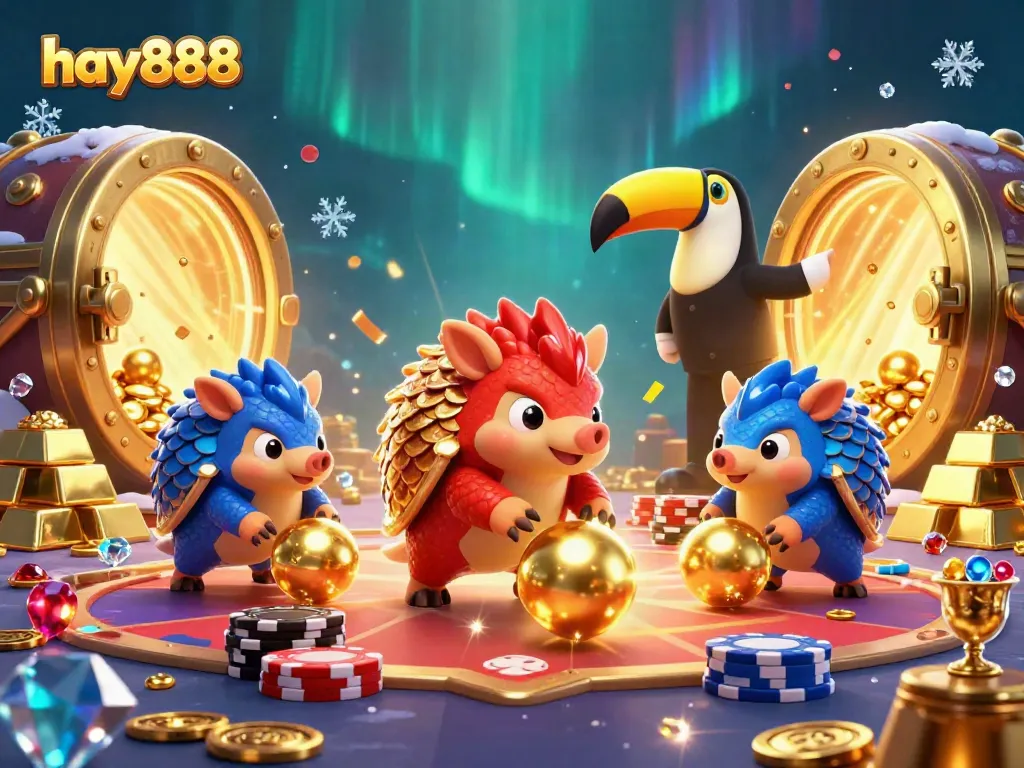 Hay888 pangolins in a vibrant casino scene with gold treasure and poker chips.