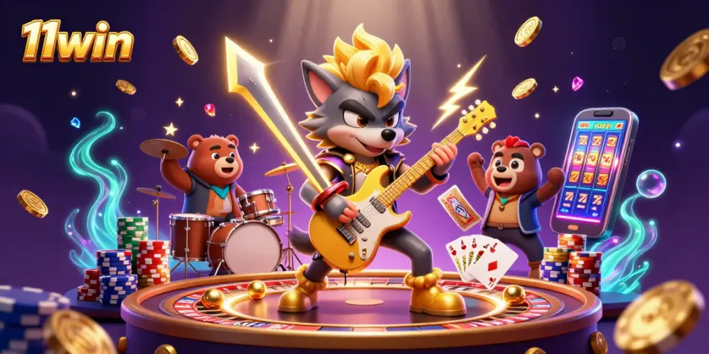 Experience the thrill of 11win with vibrant casino characters amidst cascading coins and electrifying action.