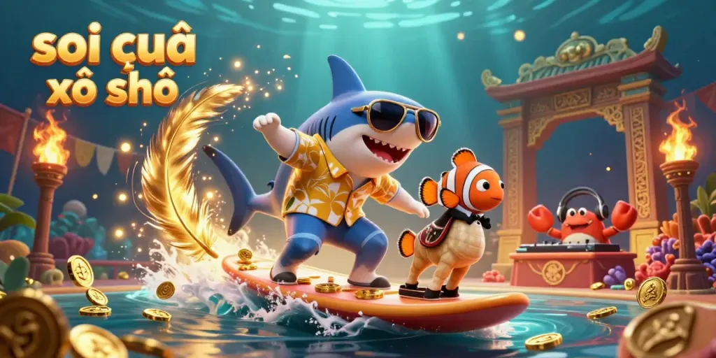 Savor the excitement of soi cầu xổ số with a dynamic illustration featuring a shark surfing on gold coins alongside vibrant characters.