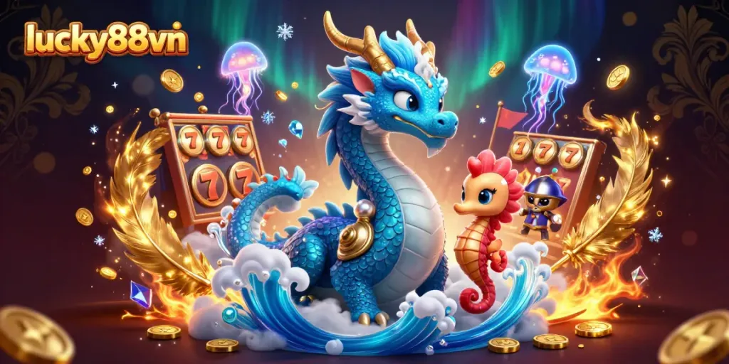 Experience the thrill of lucky88vn with a vibrant casino scene featuring a dragon and seahorse knights.