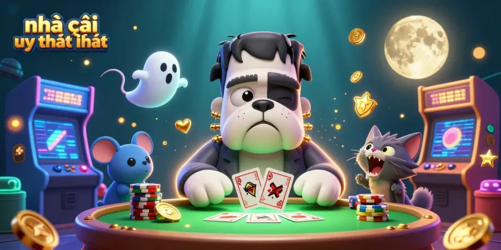 Engage with nhà cái uy tín nhất at an exciting casino table with glowing game elements and vibrant 3D characters.