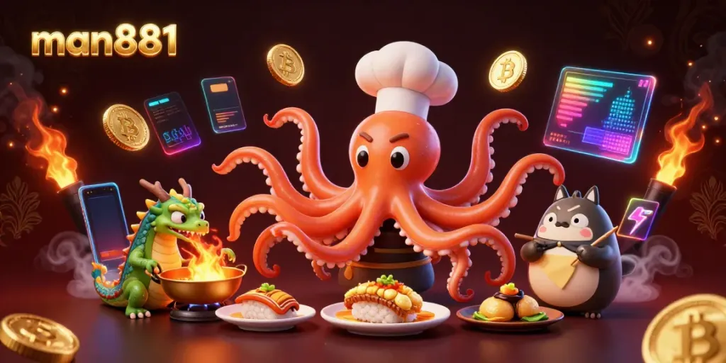 Experience exciting gameplay at man881, featuring vibrant characters and golden dishes amidst dynamic crypto elements.