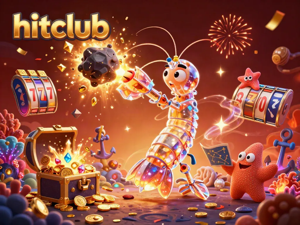 Hitclub's galactic samurai mantis shrimp conquers an asteroid, revealing treasures in a vibrant casino scene.
