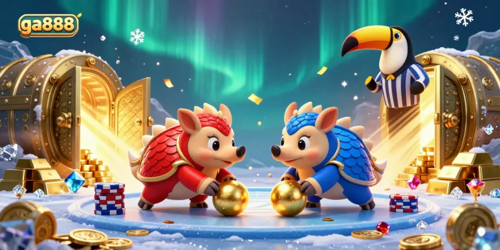 Engage in thrilling actions and adventures with ga888, featuring dynamic pangolins bowling through poker chips amidst a treasure-filled casino.