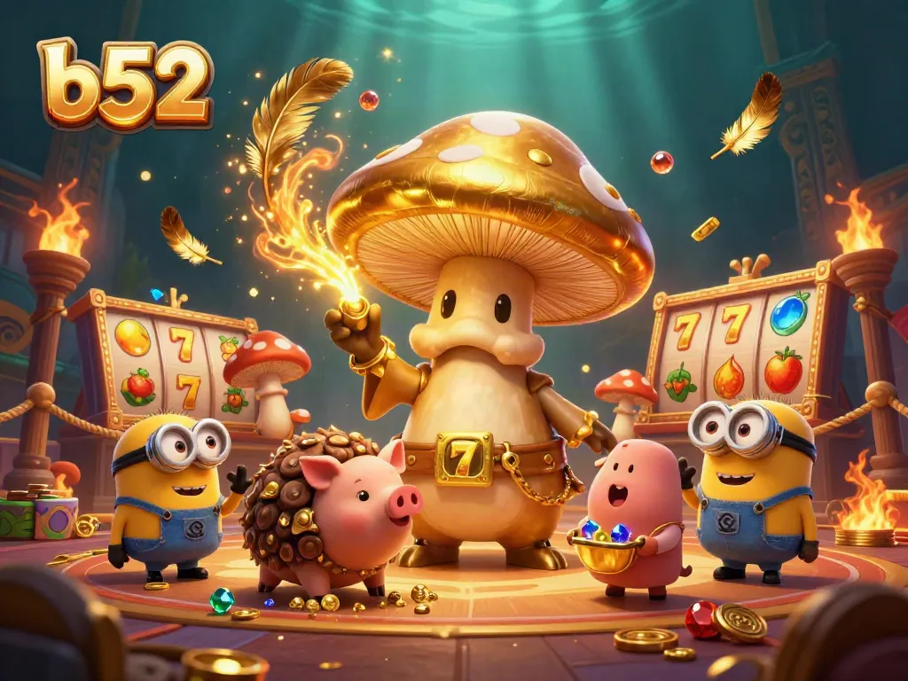 Experience the b52 casino magic with an illustrated wizard and treasures amidst vivid gaming action.
