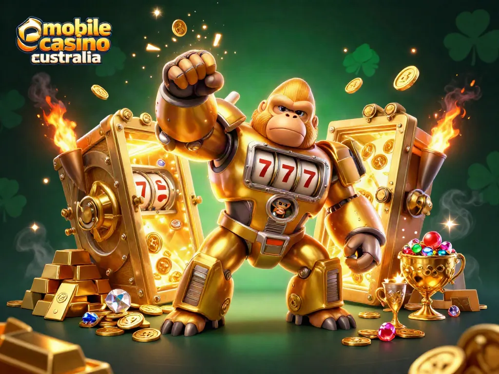 Experience the thrill of mobile casino Australia with dynamic 3D illustration depicting a golden gorilla mech and extravagant treasures.