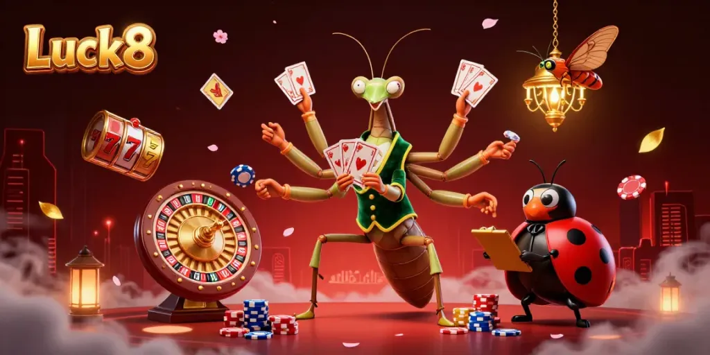 Luck8 casino scene showcasing a giant praying mantis card sharp dealing cards amidst vibrant casino elements.
