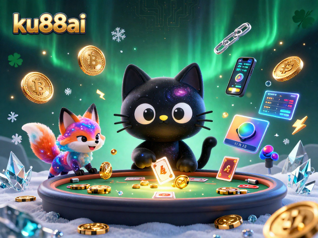 ku88ai showcases a cosmic casino scene with a black hole cat and vibrant characters enhancing the gaming experience.