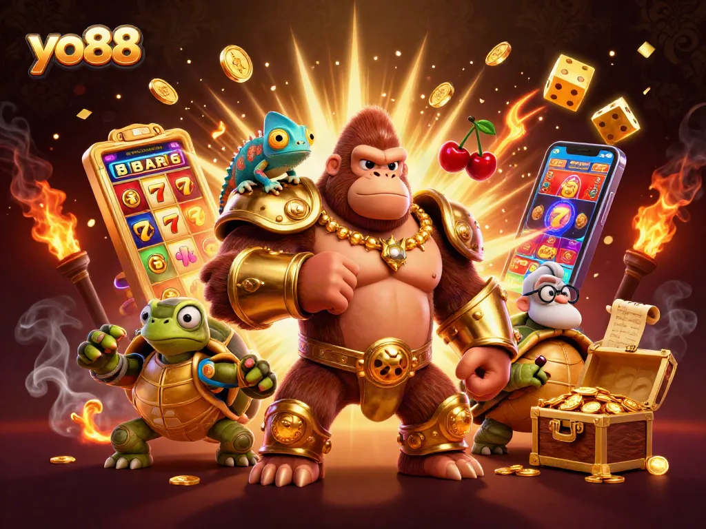 Engage with yo88's thrilling casino experience through a vibrant 3D illustration featuring iconic game elements.