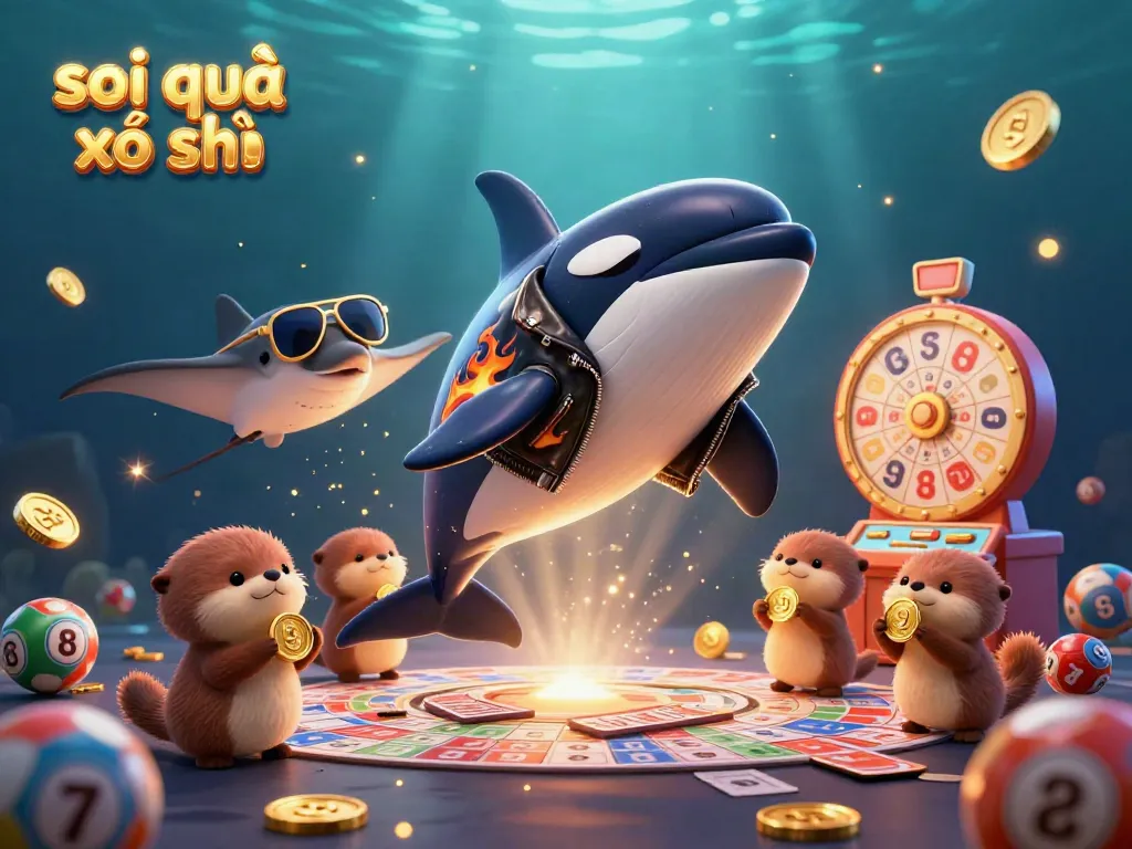 Engage in soi cầu xổ số as an orca whale and friends celebrate winning with golden coins, lottery prizes, and thrilling energy.
