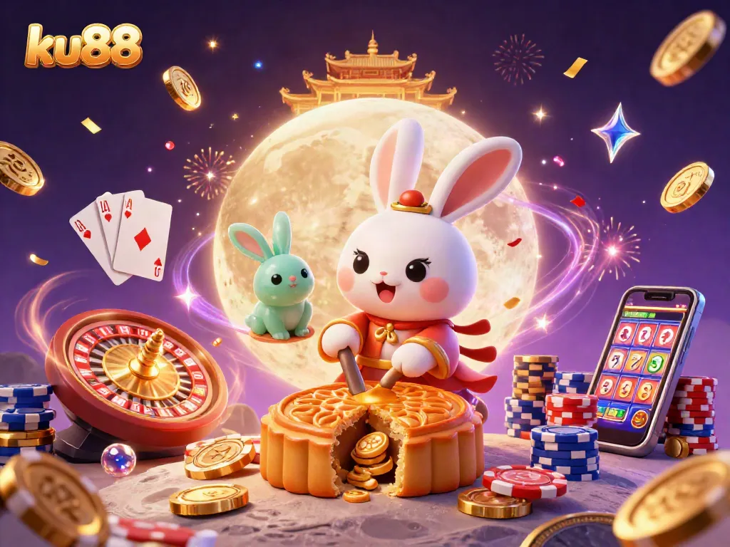 ku88 features a moon rabbit enjoying casino elements like poker chips and treasures on the lunar surface.