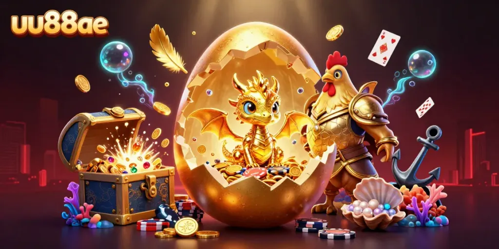 Experience the thrill of gaming with uu88ae's vibrant illustration showcasing golden treasures and dynamic casino elements.
