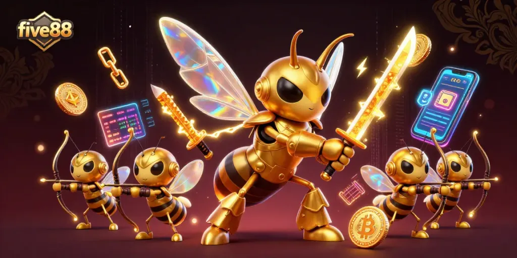 Engage in thrilling action at five88 with a vibrant 3D casino illustration featuring exciting crypto elements.