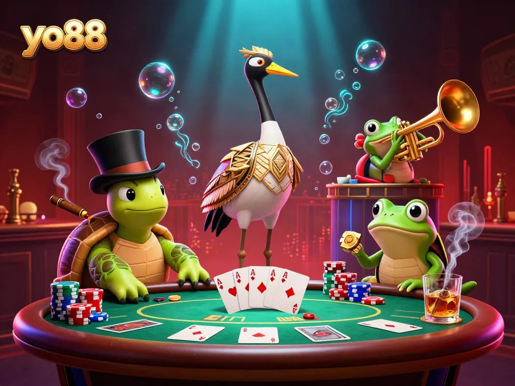 Win at yo88 with a lively 3D casino scene featuring poker tables and vibrant characters.