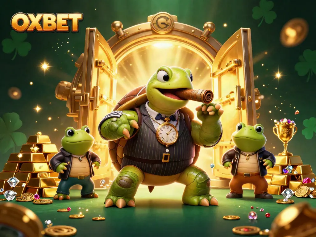 Play exciting games with OXBET at a vibrant casino scene featuring a mobster turtle and bullfrog enforcers.