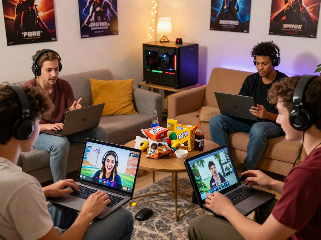 Engaging scene of players enjoying free sex games online in a cozy gaming room, showcasing devices, laughter, and snacks.