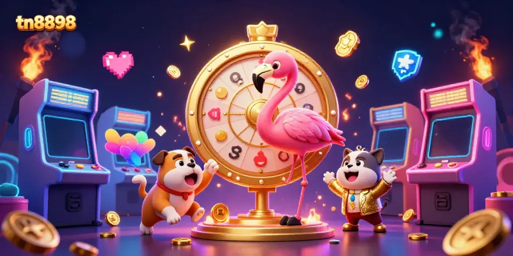 Engage with tn8898 in a thrilling casino atmosphere featuring game characters, vibrant arcade elements, and dazzling prizes.