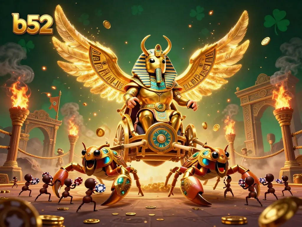 Experience thrilling gaming with b52 as a colossal golden scarab commands a vibrant casino scene.