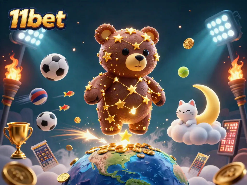 Engage with 11bet through this vibrant 3D sports betting illustration featuring dynamic gaming elements.