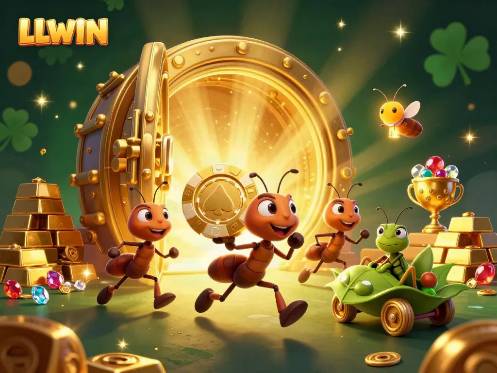 Join LLWIN's thrilling adventure as ants dodge treasure vaults while carrying a giant poker chip.
