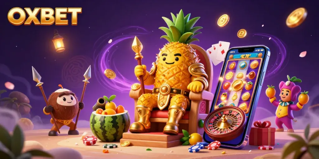 Experience OXBET's vibrant casino scene with the golden pineapple king and dynamic slot games.