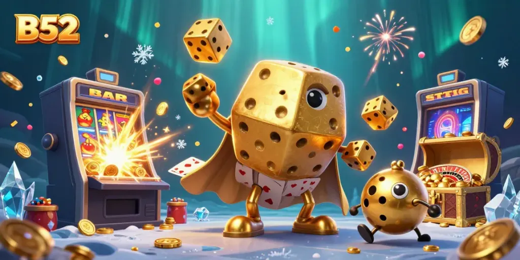 Experience the excitement of B52 with a dynamic casino scene featuring vibrant characters and action-packed game elements.