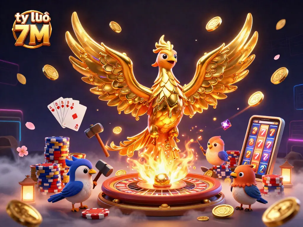 Experience the excitement of tỷ lệ 7M with golden phoenix and vibrant casino elements.