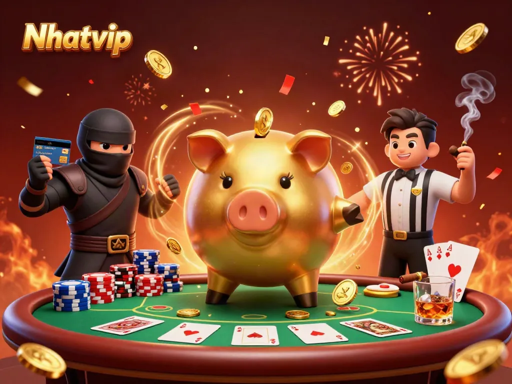Nhatvip depicts a dynamic casino scene with a golden piggy bank sumo wrestler amidst poker elements.