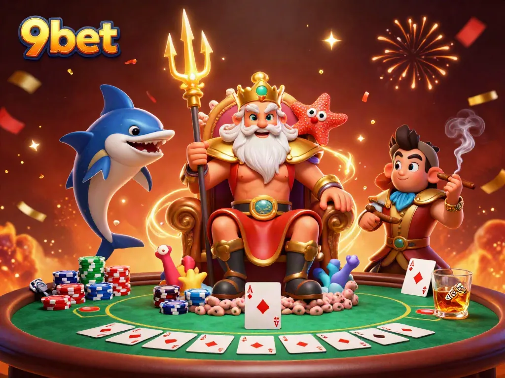 Engage with the vibrant 9bet casino scene featuring Neptune, poker elements, and energetic celebration.
