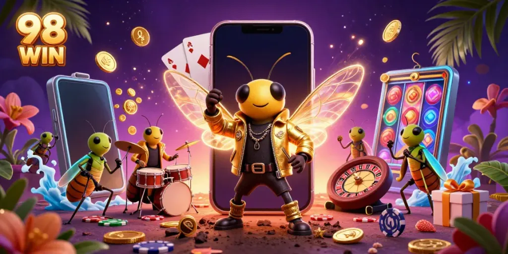 Spin to win at 98 WIN with a vibrant casino scene featuring a rock star cicada and exciting game elements.