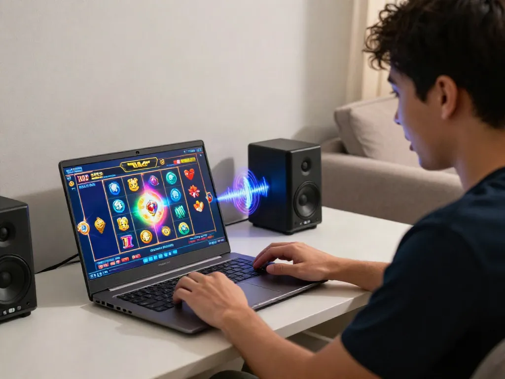 Player enjoying a slot gacor game on a laptop, immersed in vibrant graphics and sounds.