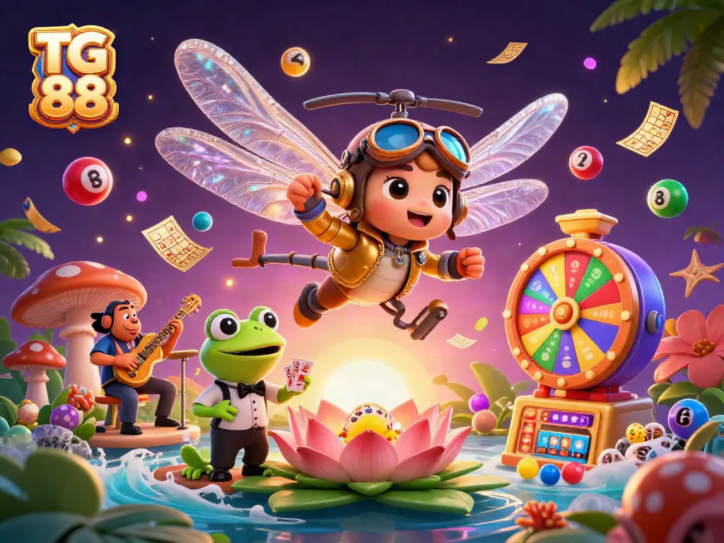 Experience thrilling gaming action at TG 88 with the vibrant 3D casino scene featuring lively characters and exciting lottery elements.