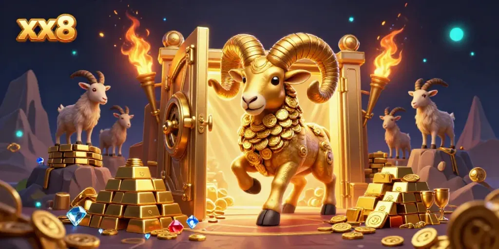 Experience the vibrant energy of xx8 casino with a golden ram charging through a treasure vault, surrounded by a spectacle of gems and gold.
