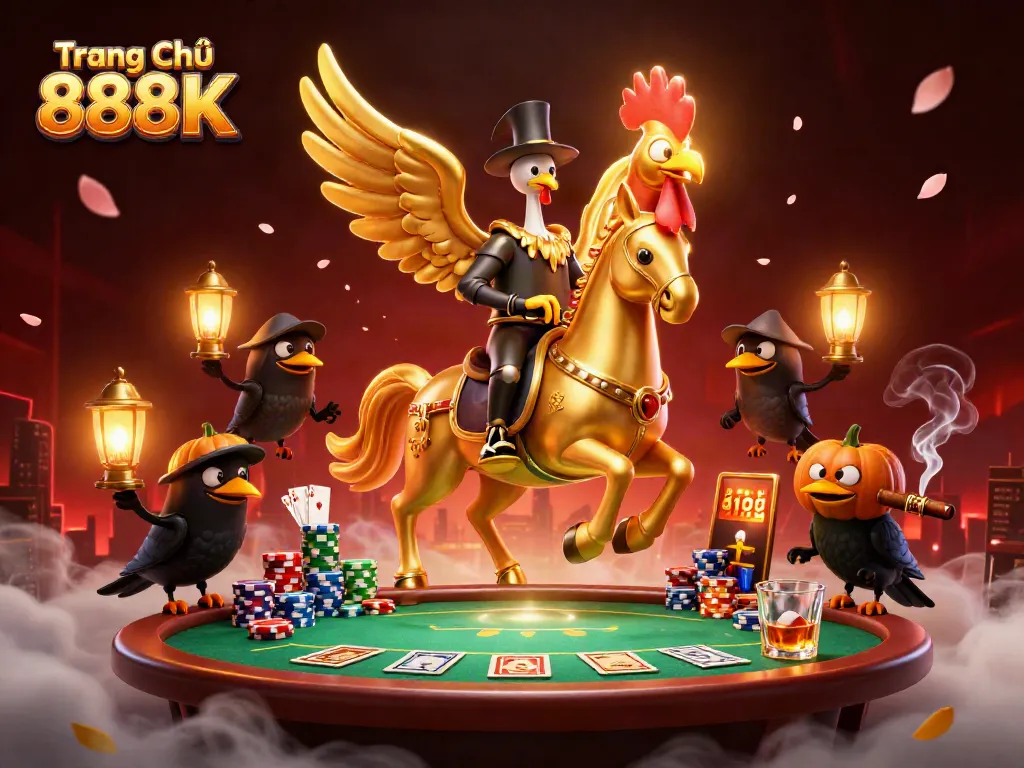 Win big at Trang Chủ 888K with a golden rooster exploring a captivating casino.
