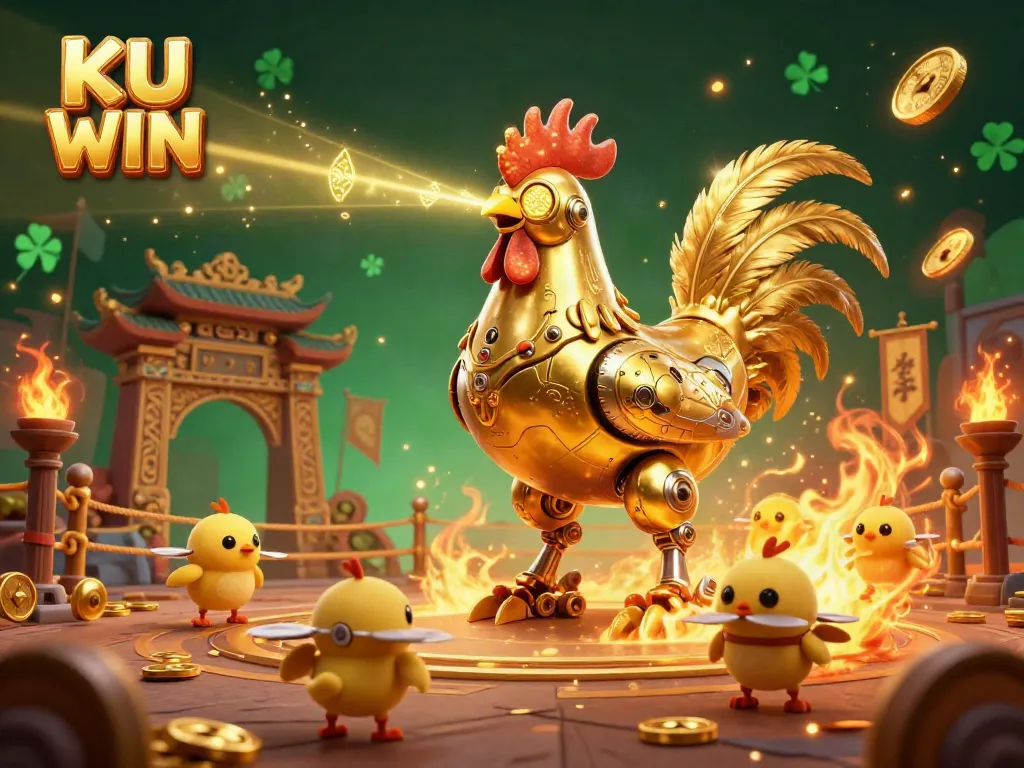 Engage in thrilling gameplay with KU WIN at this vibrant casino scene featuring playful characters.