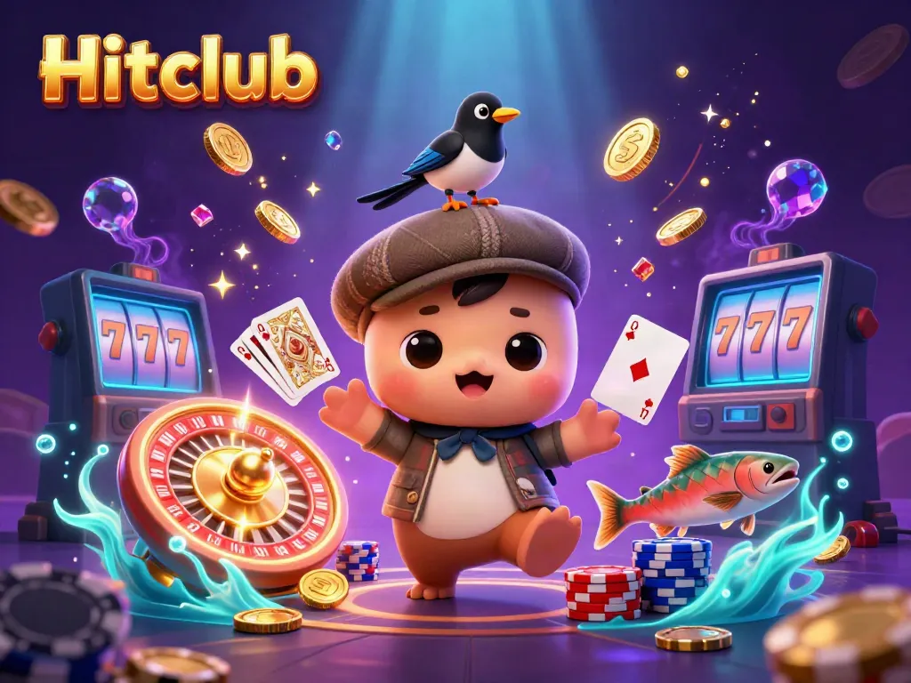 Experience the excitement of Hitclub with a vibrant 3D cartoon scene featuring lucky charms and casino thrills.