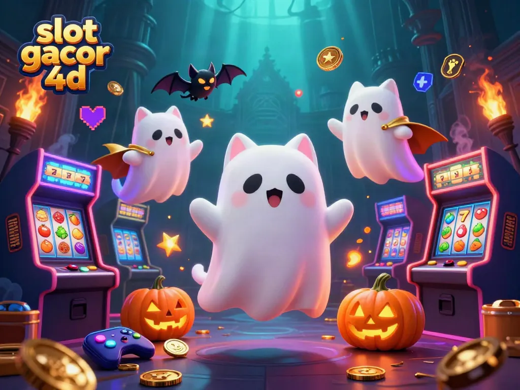 Slot gacor 4d menggambarkan kucing hantu bermain di kasino dengan simbol slot yang berkilau.