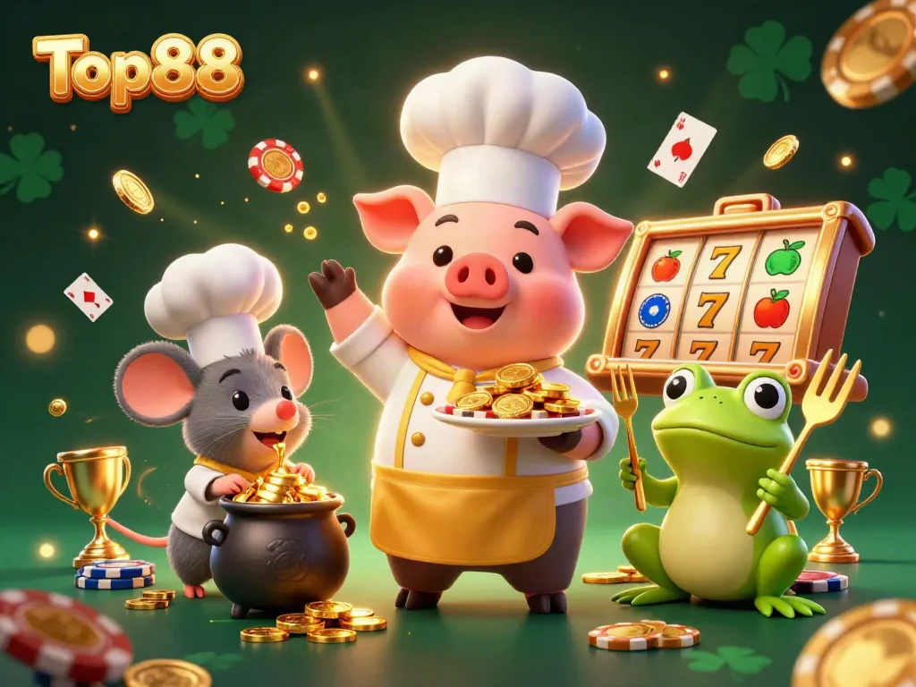 Engage with Top88 in an ultra-detailed casino-themed illustration, featuring vibrant characters and dynamic gaming elements.