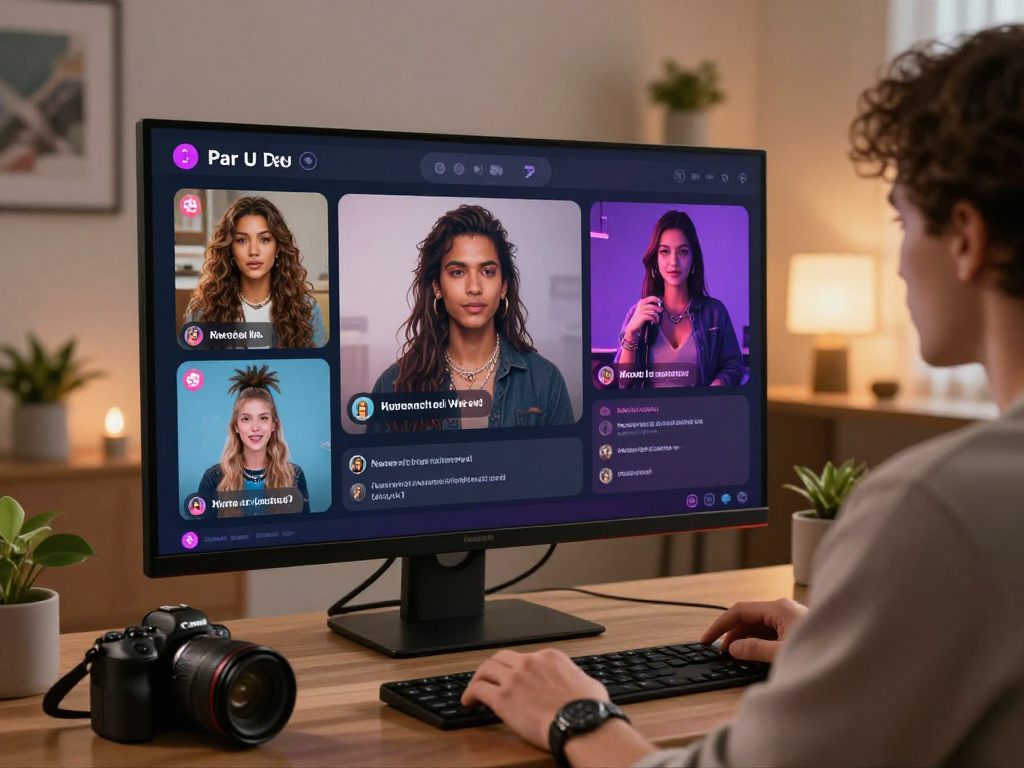 Engaging porn ai chat interface with interactive characters and vibrant visuals in a modern digital workspace.