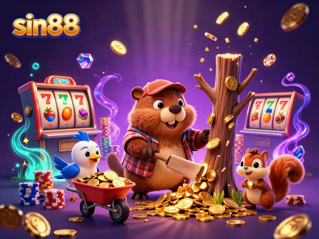 Engaging illustration of sin88 with a whimsical beaver, slot machine reels, and sparkling casino elements.
