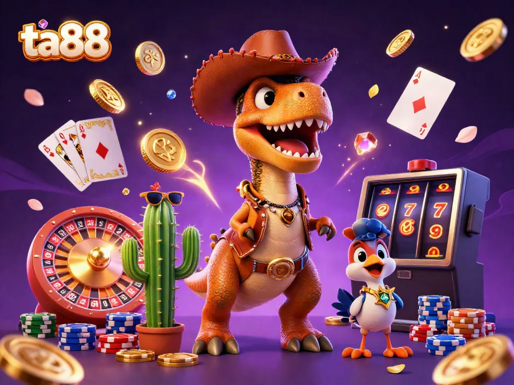 Experience exciting rewards with ta88 in this vibrant 3D casino illustration featuring dynamic characters and game elements.
